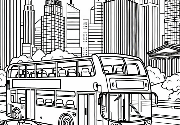 Doppeldeckerbus fährt durch große Stadt – Malvorlage kostenlos Doppeldeckerbus fährt durch große Stadt – Malvorlage kostenlos