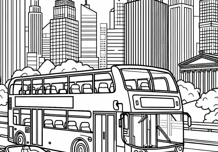 Double-decker bus drives through a large city – Free coloring page