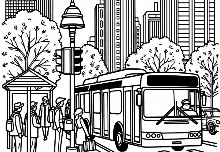 Linienbus steht an Haltestelle mit wartenden Fahrgästen – Malvorlage kostenlos Linienbus steht an Haltestelle mit wartenden Fahrgästen – Malvorlage kostenlos