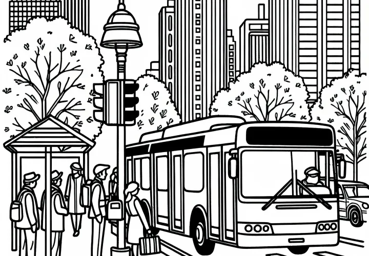 City bus is at the stop with waiting passengers - coloring page free of charge