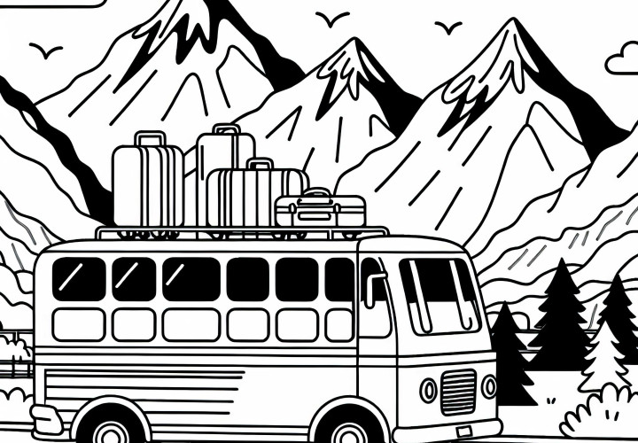 Bus fährt durch Berge mit Koffern auf Dach – Malvorlage kostenlos Bus fährt durch Berge mit Koffern auf Dach – Malvorlage kostenlos