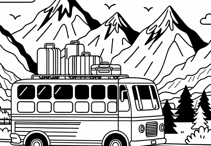 Bus drives through mountains with luggage on roof - Free coloring page