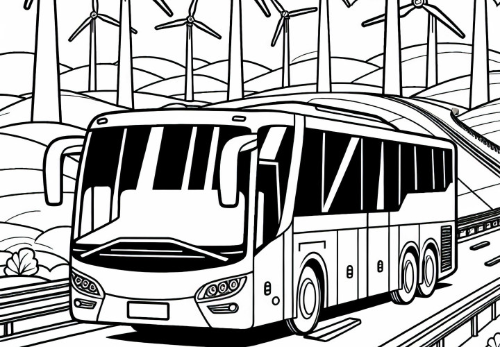 Reisebus auf Autobahn mit Windrädern im Hintergrund – Malvorlage gratis Reisebus auf Autobahn mit Windrädern im Hintergrund – Malvorlage gratis