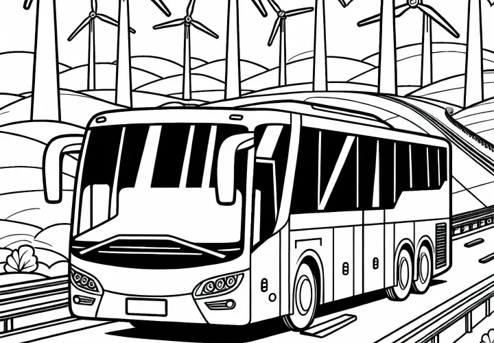 Tour bus on the highway with wind turbines in the background – free coloring page