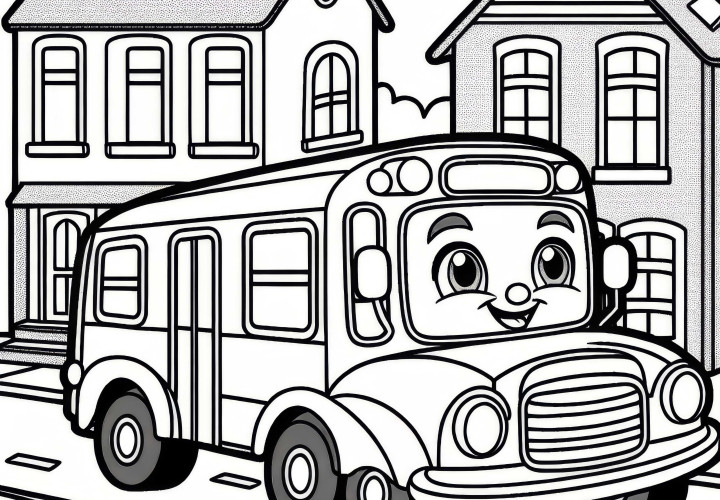 Comic-Bus mit freundlichem Gesicht auf Spielstraße - Malvorlage gratis Comic-Bus mit freundlichem Gesicht auf Spielstraße - Malvorlage gratis