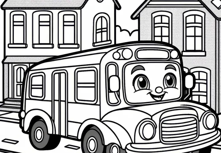 Comic bus with friendly face on play street - free coloring page