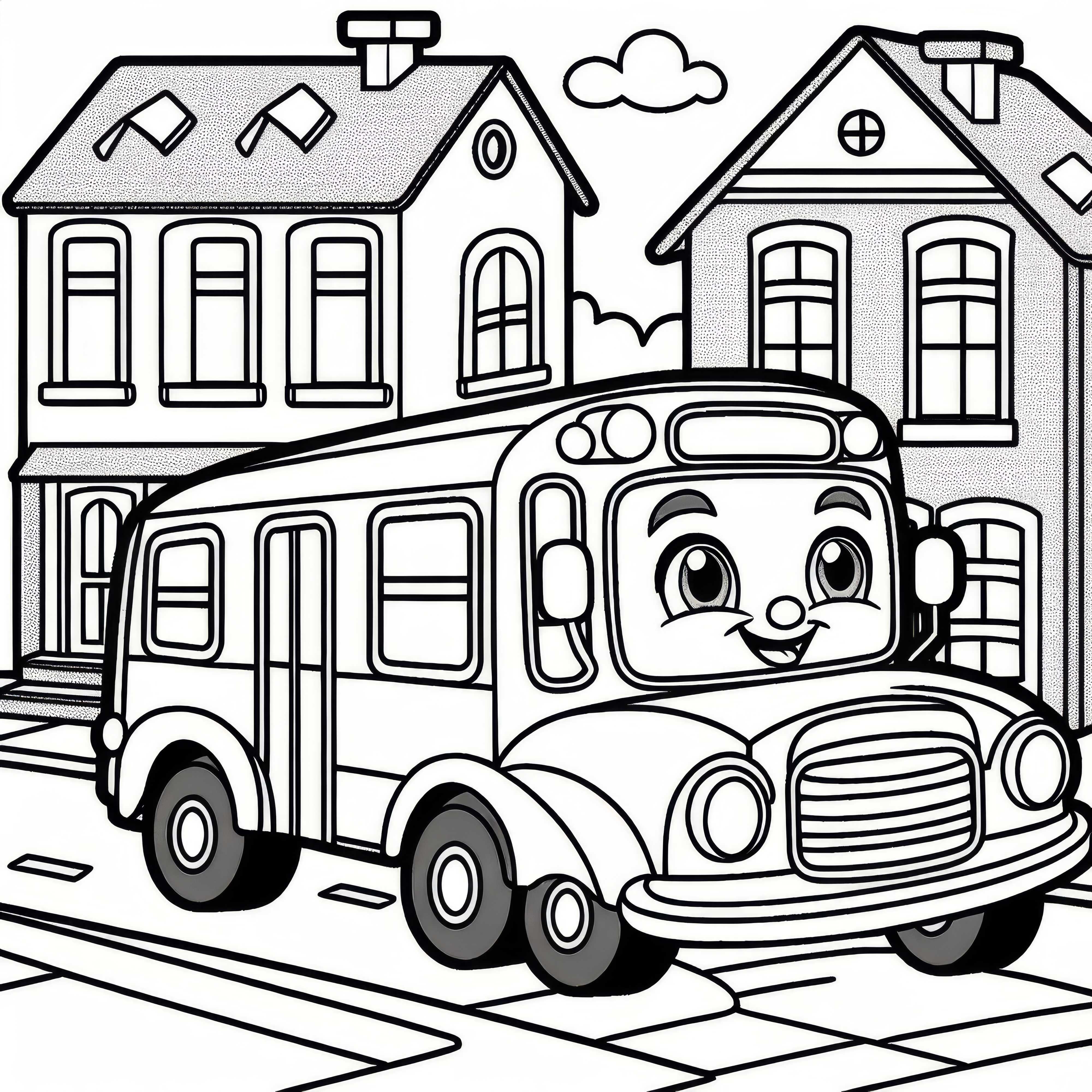 Comic-Bus mit freundlichem Gesicht auf Spielstraße - Malvorlage gratis