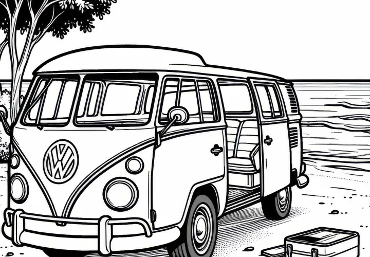 Old bus at the beach – Free coloring page