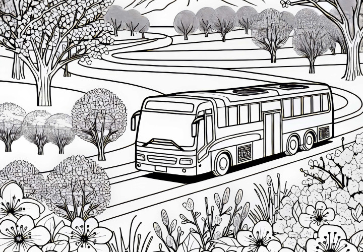 Bus fährt durch Frühlingslandschaft mit blühenden Blumen – Ausmalbild gratis Bus fährt durch Frühlingslandschaft mit blühenden Blumen – Ausmalbild gratis