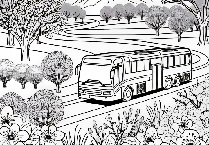 Bus drives through spring landscape with blooming flowers - Free coloring page