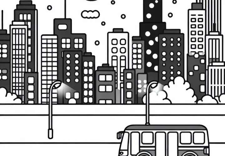 Night bus driving through a lit-up city coloring page free