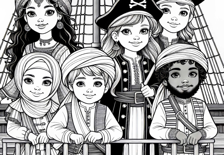 Kinder verkleidet als Piraten an Bord eines Holzschiffs – Ausmalbild zum Download Kinder verkleidet als Piraten an Bord eines Holzschiffs – Ausmalbild zum Download