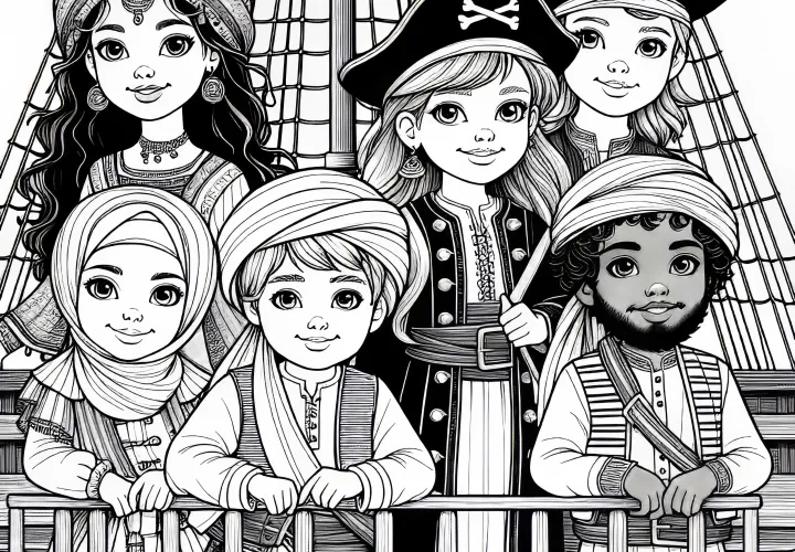 Children dressed as pirates on board a wooden ship - Coloring page for download