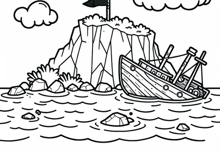 Shipwreck stuck on rocky island – Free coloring page