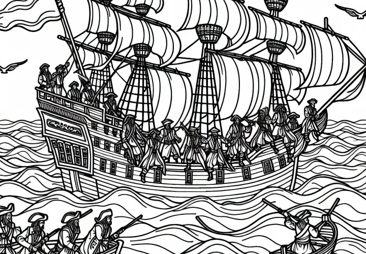 Pirates Board Merchant Ship - Free Coloring Page