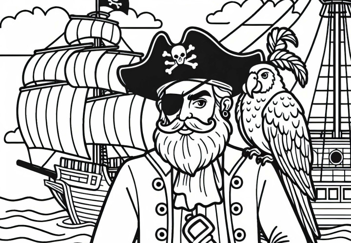 Papagei sitzt auf der Schulter eines Piratenkapitäns an Deck – Ausmalbild kostenlos Papagei sitzt auf der Schulter eines Piratenkapitäns an Deck – Ausmalbild kostenlos