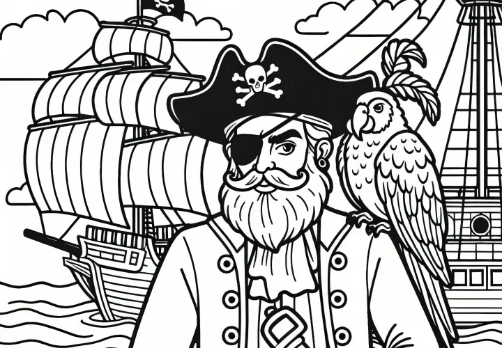 Parrot sitting on the shoulder of a pirate captain on deck - Free coloring page