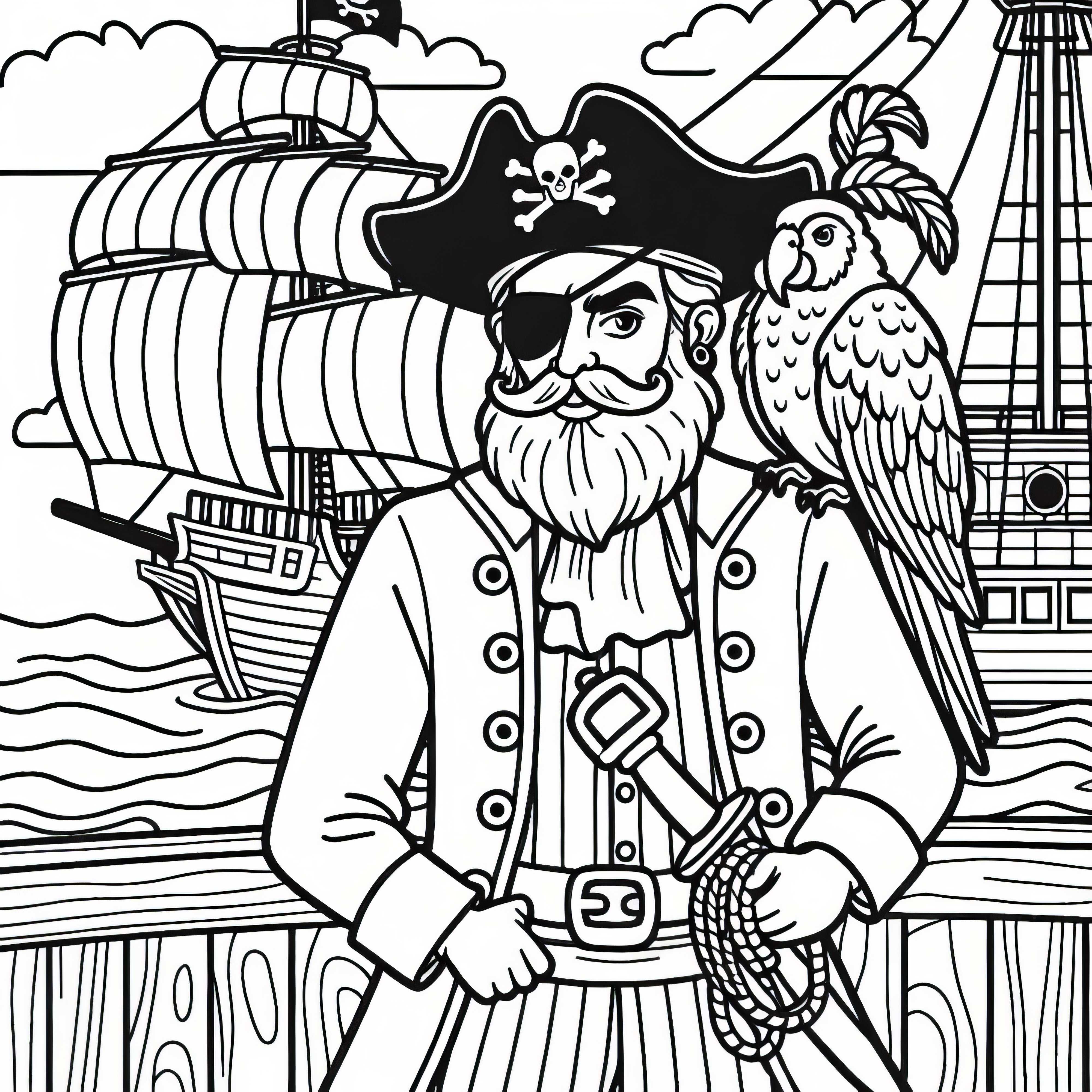Papagei sitzt auf der Schulter eines Piratenkapitäns an Deck – Ausmalbild kostenlos