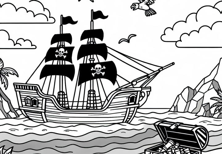 Piratenschiff ankerte an geheimer Insel mit Schatzkiste – Malvorlage gratis Piratenschiff ankerte an geheimer Insel mit Schatzkiste – Malvorlage gratis