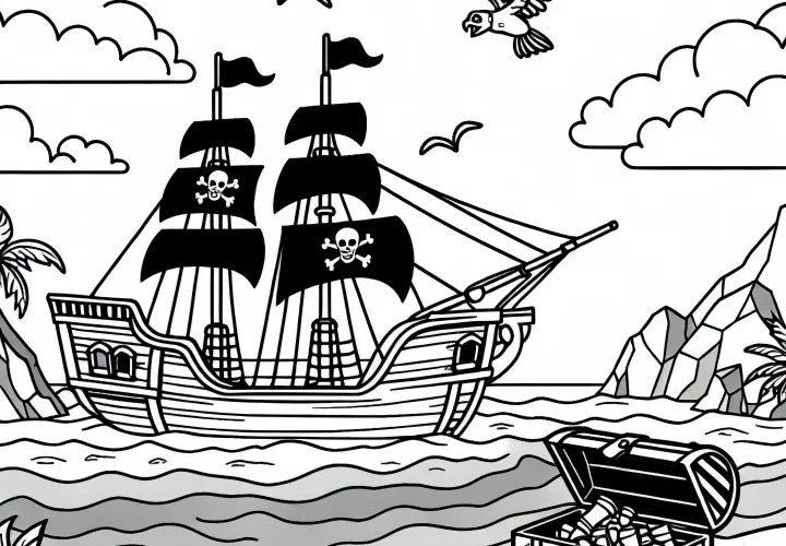 Pirate ship anchored at a secret island with treasure chest – Free coloring page