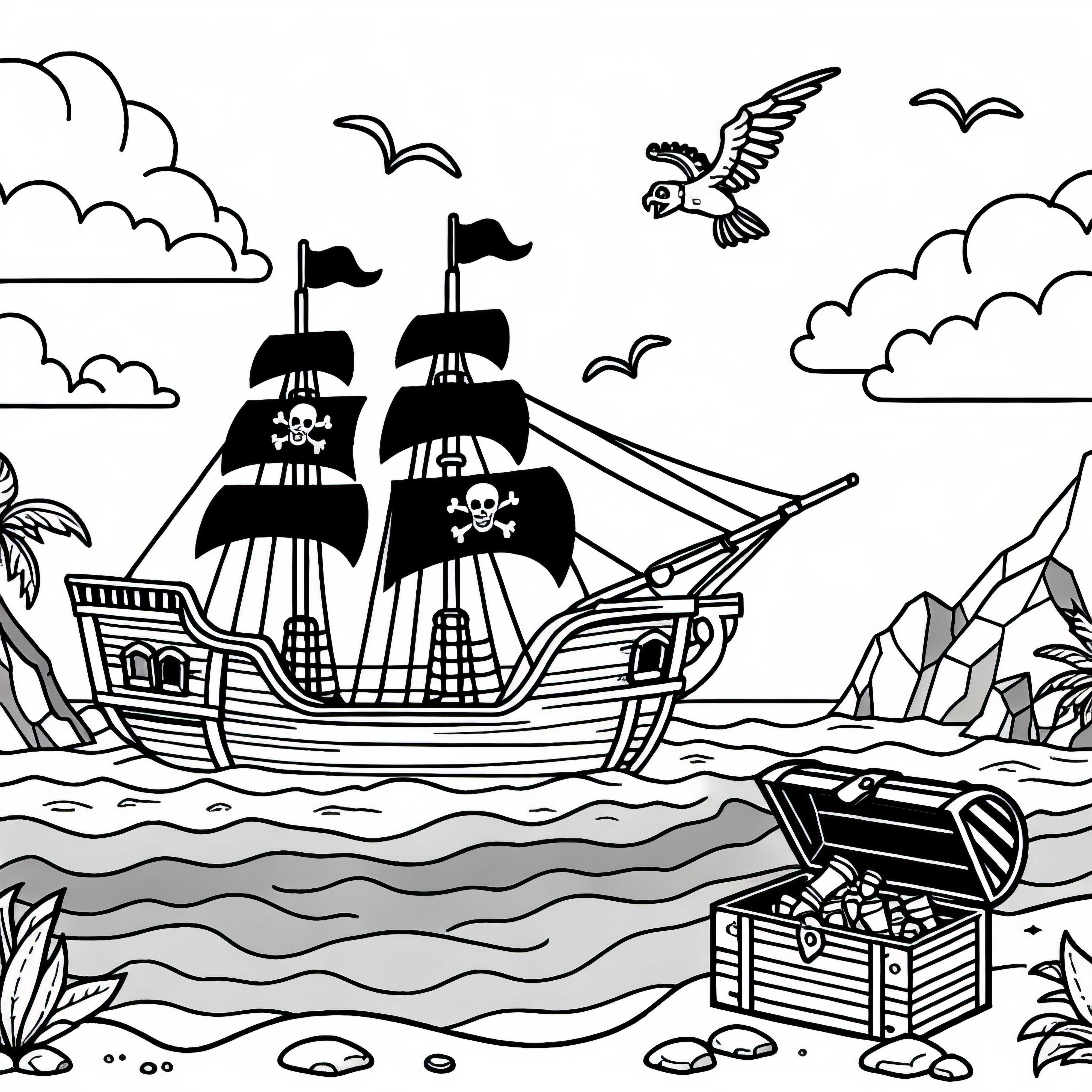 Piratenschiff ankerte an geheimer Insel mit Schatzkiste – Malvorlage gratis