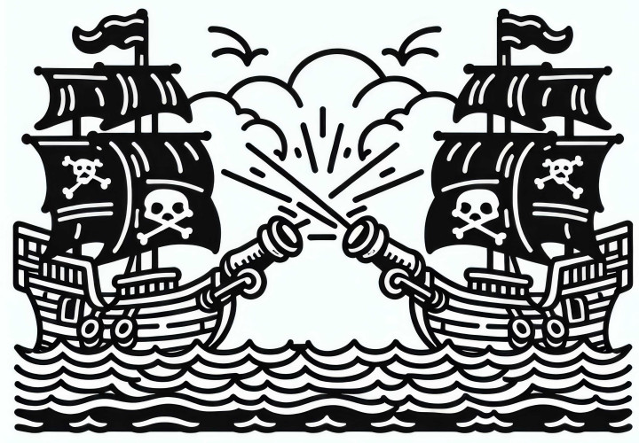 Zwei Piratenschiffe liefern sich ein Kanonenduell – Malvorlage gratis Zwei Piratenschiffe liefern sich ein Kanonenduell – Malvorlage gratis