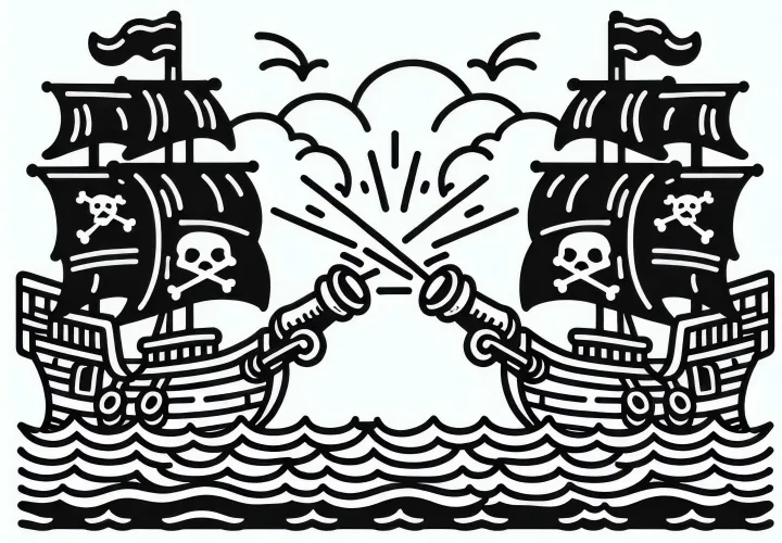 Two pirate ships are engaged in a cannon duel – free coloring page
