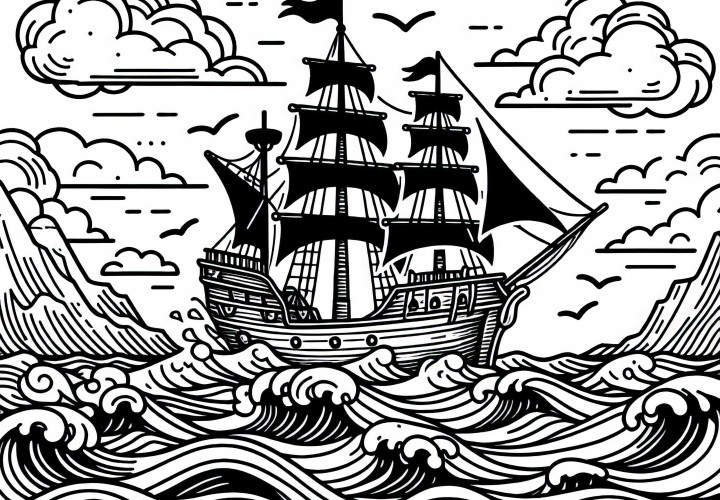 Großes Piratenschiff Segelt über Stürmische Wellen – Malvorlage Kostenlos Großes Piratenschiff Segelt über Stürmische Wellen – Malvorlage Kostenlos