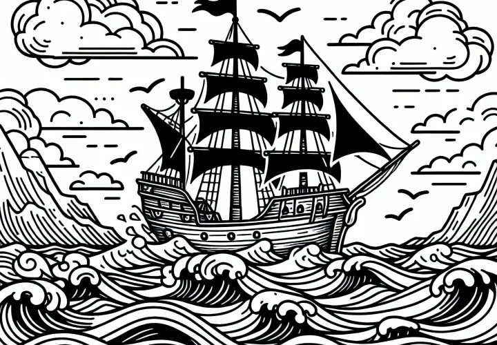 Great pirate ship sailing over stormy waves - Free coloring page