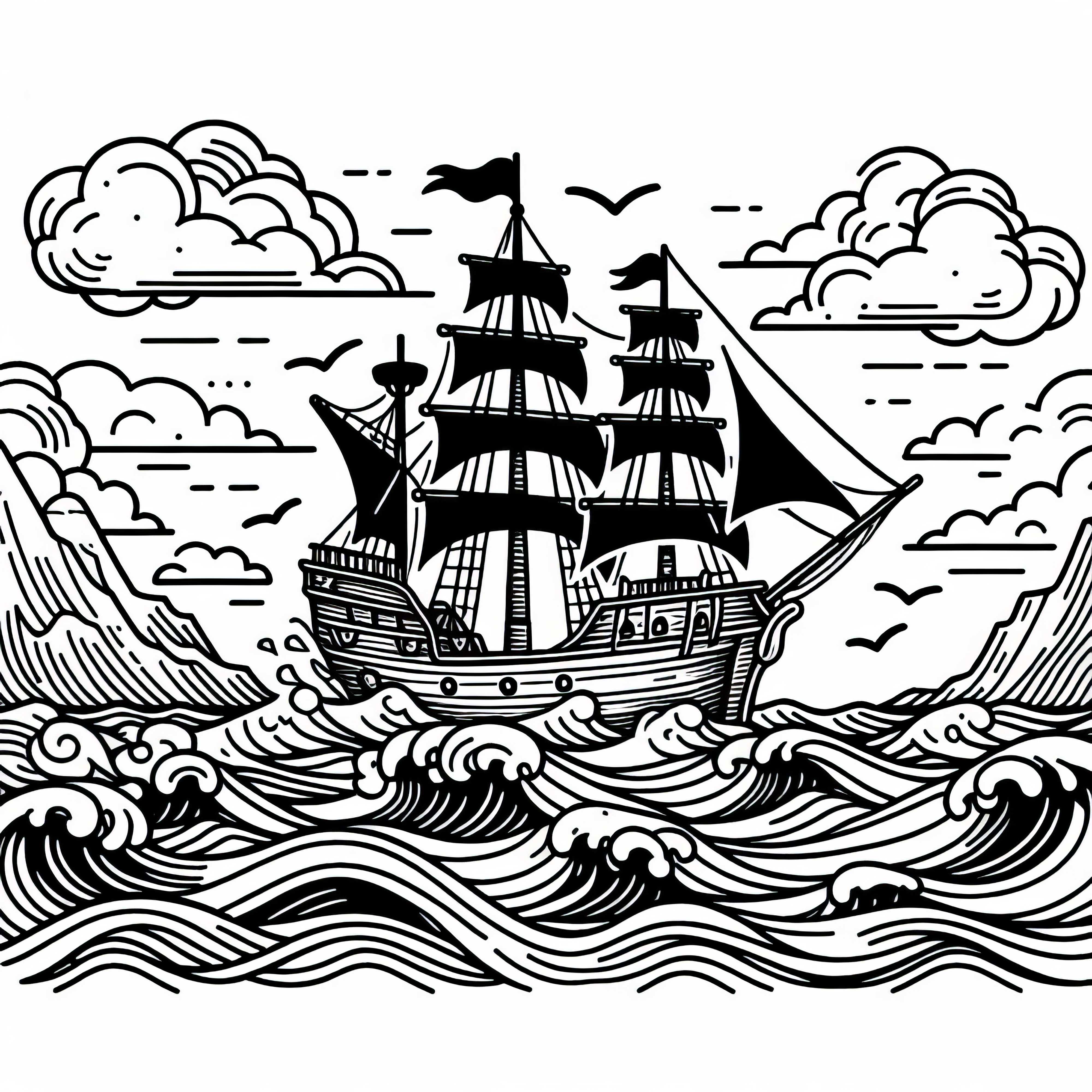 Großes Piratenschiff Segelt über Stürmische Wellen – Malvorlage Kostenlos