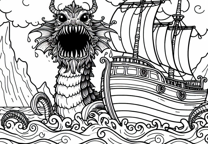 Seeungeheuer taucht vor dem Bug eines Piratenschiffs auf - Ausmalbild kostenlos Seeungeheuer taucht vor dem Bug eines Piratenschiffs auf - Ausmalbild kostenlos