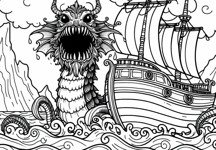 Sea monster surfaces in front of the bow of a pirate ship - Free coloring page