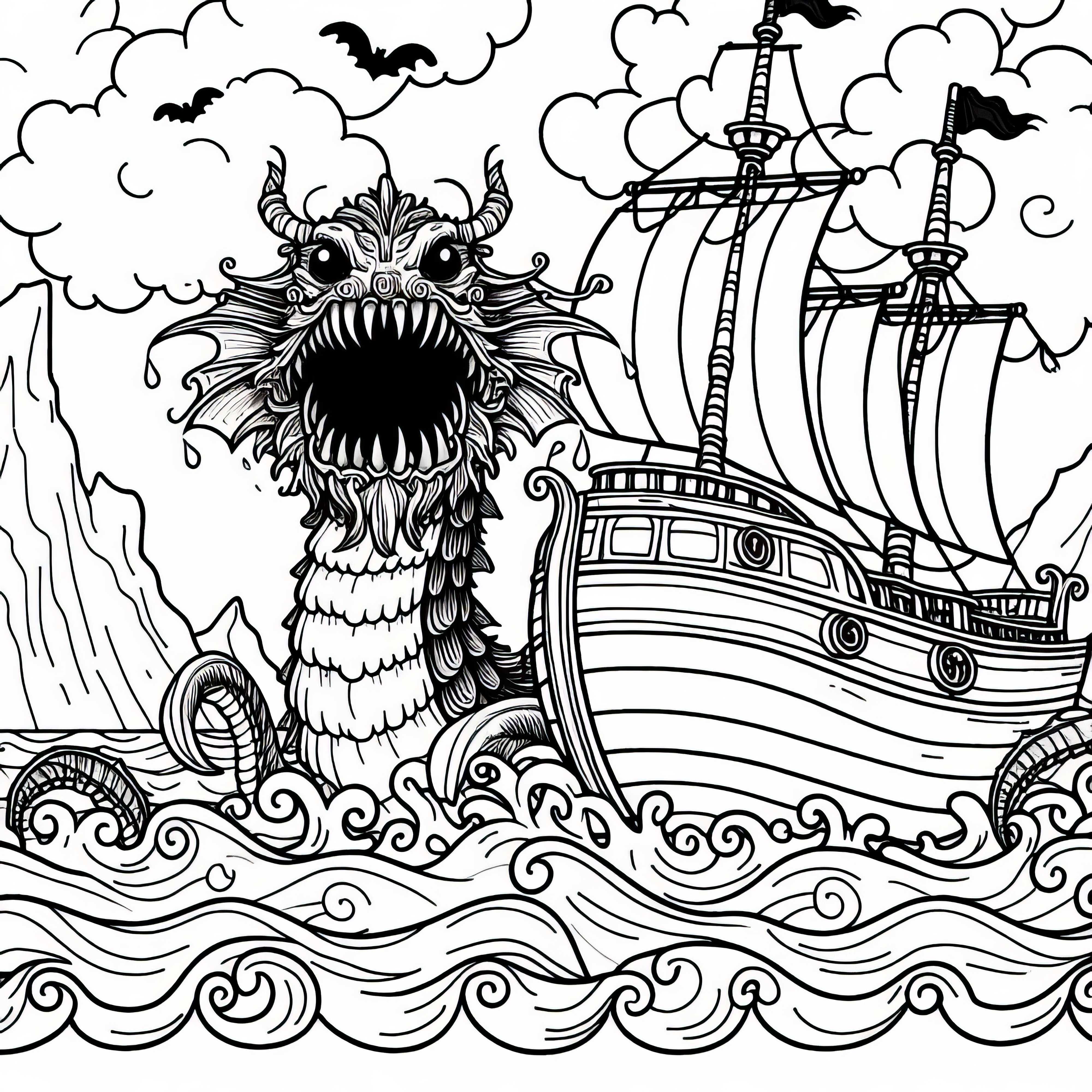 Seeungeheuer taucht vor dem Bug eines Piratenschiffs auf - Ausmalbild kostenlos