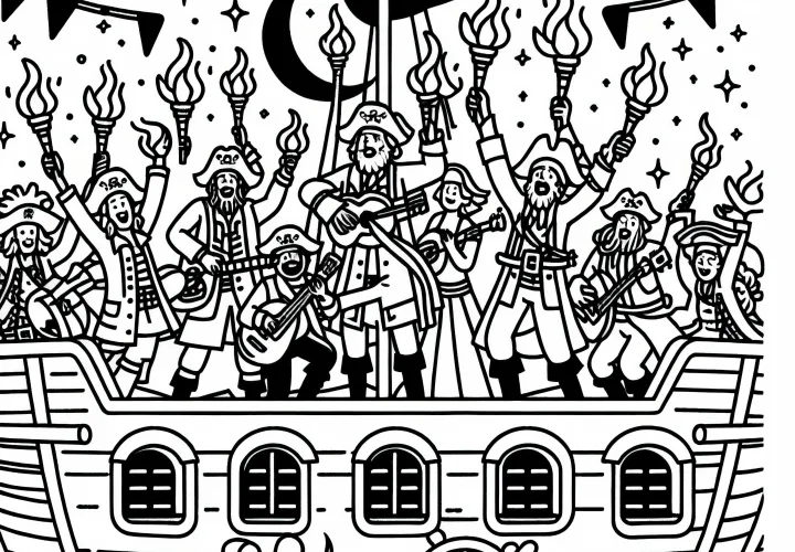 Pirates celebrate on deck - Free coloring page