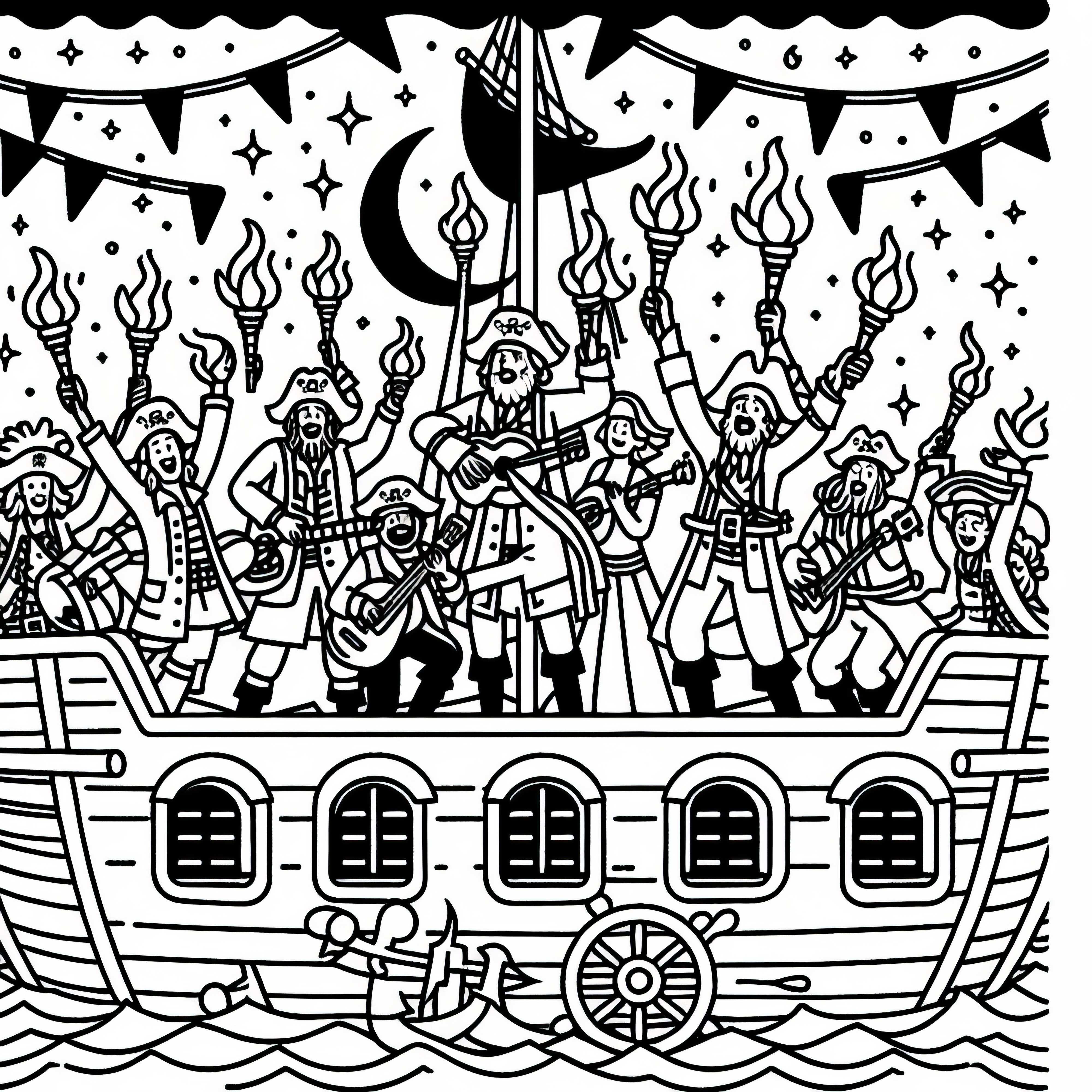 Piraten feiern auf Deck – Malvorlage kostenlos