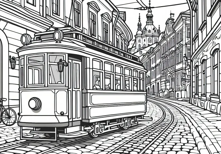 Old tram travels through narrow old town street with cobblestones - free coloring page