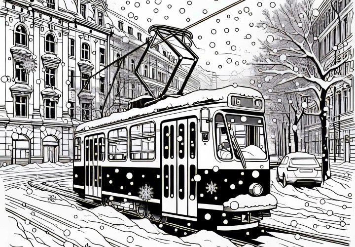 Straßenbahn fährt durch verschneite Straßen im Winter – Malvorlage gratis Straßenbahn fährt durch verschneite Straßen im Winter – Malvorlage gratis