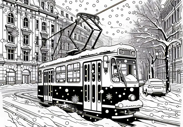 Tram rides through snowy streets in winter - Free coloring page