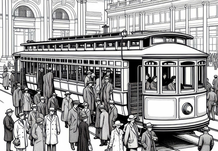 Historische Straßenbahn in Museumsanlage mit Besuchergruppe als Malvorlage gratis Historische Straßenbahn in Museumsanlage mit Besuchergruppe als Malvorlage gratis
