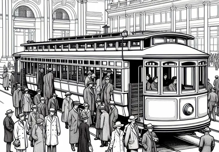 Historical tram in museum facility with visitor group as a coloring template for free