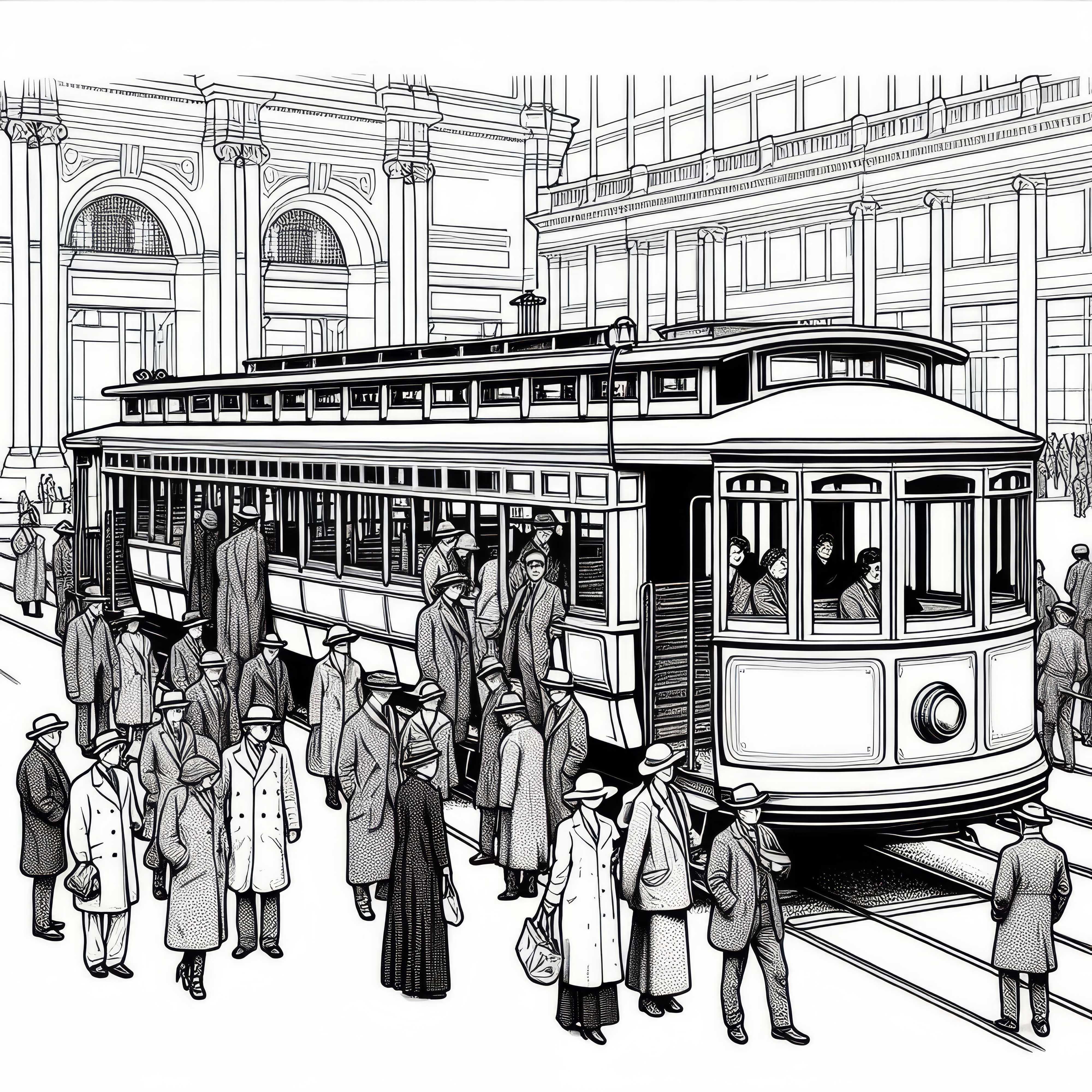 Historische Straßenbahn in Museumsanlage mit Besuchergruppe als Malvorlage gratis