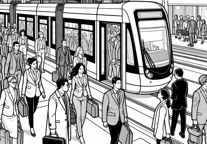 Moderne Straßenbahn hält an Haltestelle mit Menschen im Berufsverkehr – Malvorlage kostenlos Moderne Straßenbahn hält an Haltestelle mit Menschen im Berufsverkehr – Malvorlage kostenlos