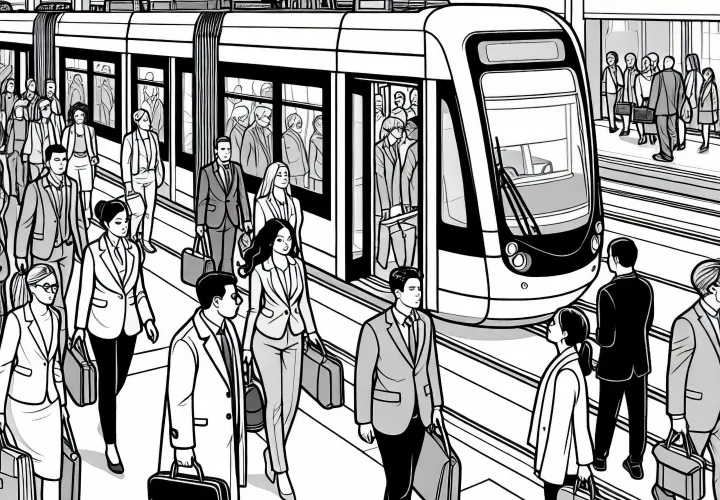Modern tram stops at a station with people during rush hour - coloring page free of charge