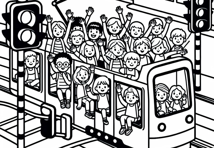 Kinder winken aus der Straßenbahn – Ausmalbild kostenlos Kinder winken aus der Straßenbahn – Ausmalbild kostenlos
