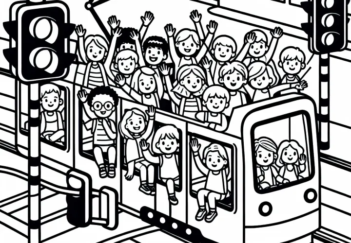 Children waving from the tram - Free coloring page
