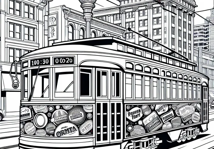 Tram as an advertising medium drives through downtown - free coloring page
