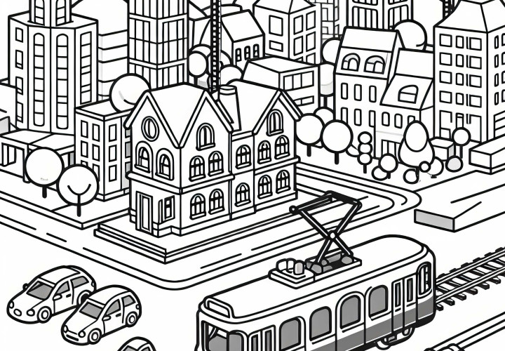 Kleine Spielzeugstraßenbahn fährt durch Miniaturstadtmodell – Ausmalbild kostenlos Kleine Spielzeugstraßenbahn fährt durch Miniaturstadtmodell – Ausmalbild kostenlos