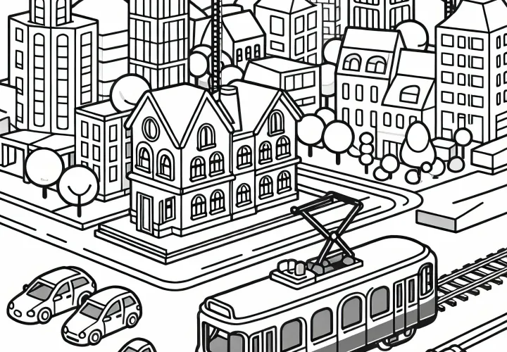 Small toy tram travels through miniature city model - Free coloring page