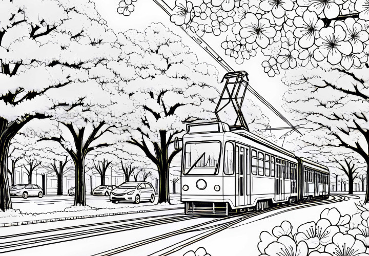 Straßenbahn fährt durch Park mit Kirschblütenbäumen – Malvorlage gratis Straßenbahn fährt durch Park mit Kirschblütenbäumen – Malvorlage gratis