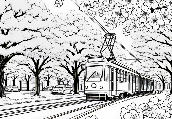 Tram drives through park with cherry blossom trees – free coloring page